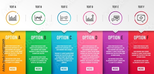 Quick tips, Efficacy and Column diagram icons simple set. Stock analysis, Column chart and Medical chat signs. Helpful tricks, Business chart. Science set. Infographic template. 6 steps timeline