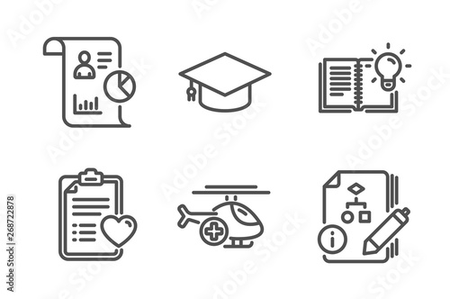 Patient history, Medical helicopter and Report icons simple set. Product knowledge, Graduation cap and Algorithm signs. Medical survey, Sky transport. Science set. Line patient history icon. Vector