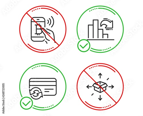 Do or Stop. Bitcoin pay, Decreasing graph and Change card icons simple set. Parcel delivery sign. Mobile payment, Column chart, Payment method. Logistics service. Line bitcoin pay do icon. Vector
