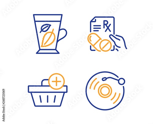 Mint leaves, Add purchase and Prescription drugs icons simple set. Vinyl record sign. Mentha leaf, Shopping order, Pills. Retro music. Linear mint leaves icon. Colorful design set. Vector