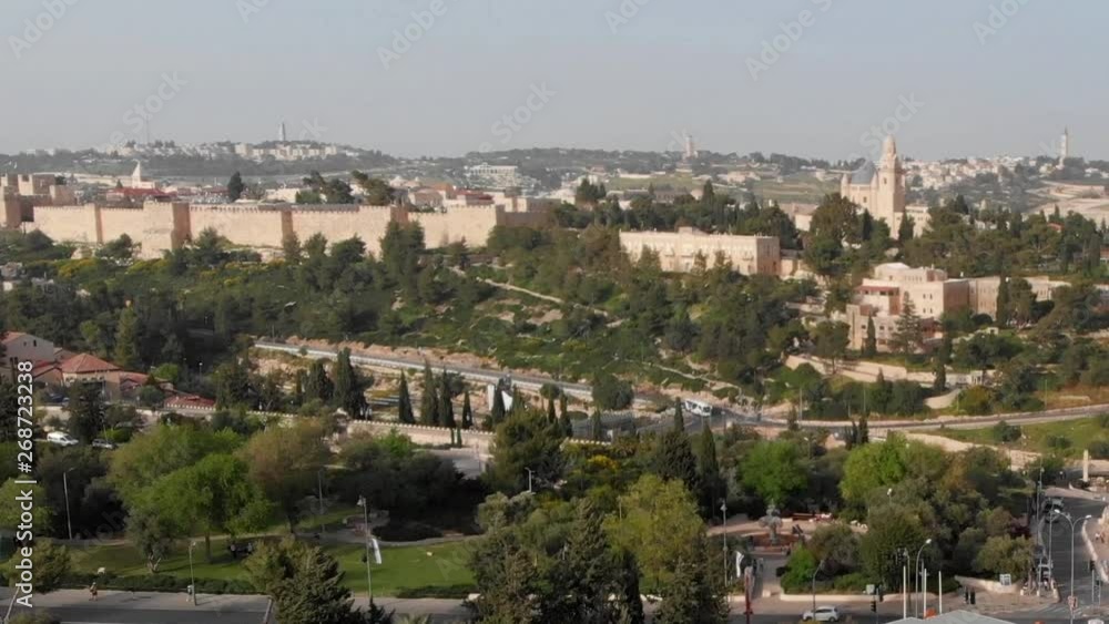 The old City of Jerusalem Aerial View Beautiful Aerial Shot the old city walls and the golden Dome of the rock The old City of Jerusalem Aerial View Beautiful Aerial Shot the old city walls and the golden Dome of the rock