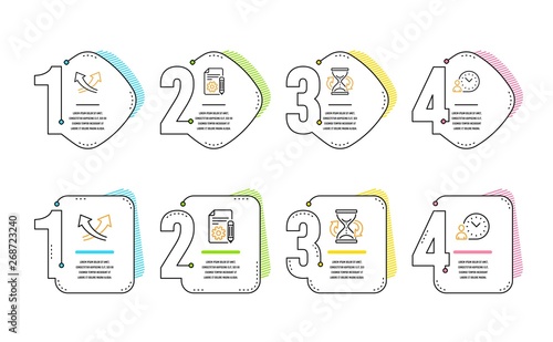 Documentation, Hourglass and Intersection arrows icons simple set. Time management sign. Project, Sand watch, Exchange. Work time. Infographic timeline. Line documentation icon. 4 options or steps