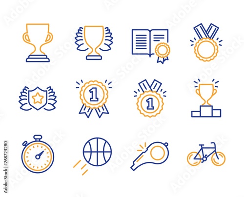 Award cup, Honor and Whistle icons simple set. Reward, Approved and Winner podium signs. Laureate, Timer and Winner symbols. Basketball, Diploma and Bicycle. Trophy, Medal. Sports set. Vector