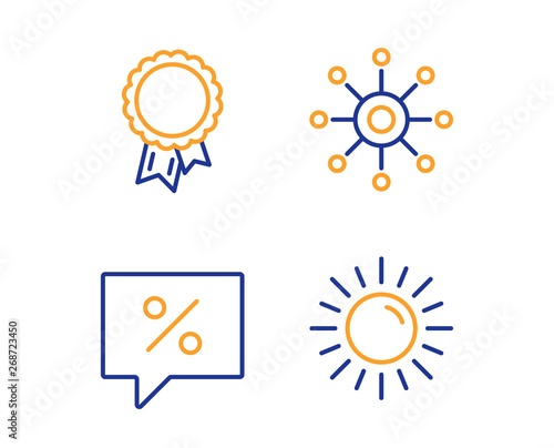 Multichannel, Discount message and Success icons simple set. Sun sign. Multitasking, Special offer, Award reward. Summer. Linear multichannel icon. Colorful design set. Vector