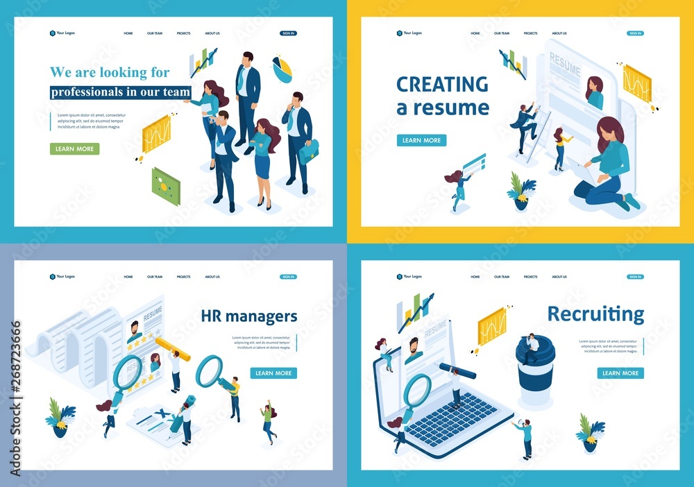Set of landing pages of the isometric recruiting concept hiring employees in a company, HR Manager