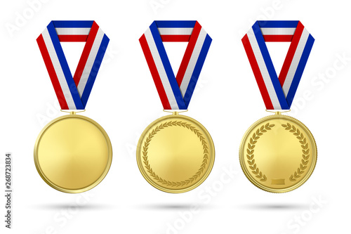 Vector 3d Realistic Gold Award Medal Icon Set with Color Ribbons Closeup Isolated on White Background. The First Place, Prizes. Sport Tournament, Victory or Winner Concept
