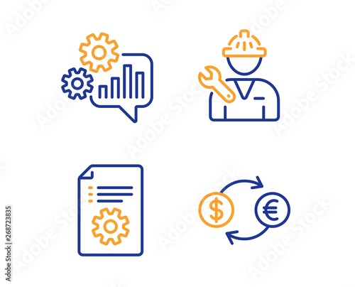 Technical documentation, Cogwheel and Repairman icons simple set. Currency exchange sign. Manual, Engineering tool, Repair service. Banking finance. Linear technical documentation icon. Vector