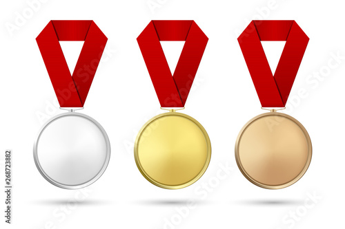 Vector 3d Realistic Gold, Silver and Bronze Award Medal Icon Set with Color Ribbons Closeup Isolated on White Background. The First, Second, Third Place, Prizes. Sport Tournament, Victory Concept