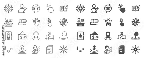 Artificial intelligence, Balance, Refer friend line icons. Continuing education, Methodology and Exhibitors icons. Swipe up, Elastic, Click here, Refer. Cross sell, Third party, Multichannel. Vector