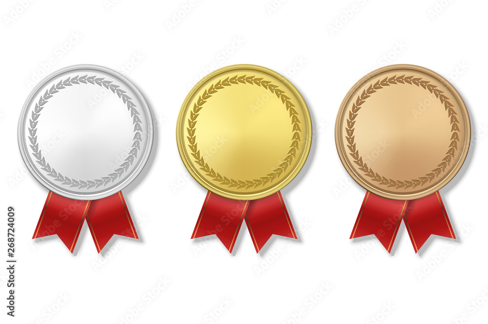 Vector 3d Realistic Gold, Silver and Bronze Award Medal Icon Set with Color Ribbons Closeup Isolated on White Background. The First, Second, Third Place, Prizes. Sport Tournament, Victory Concept Vector 3d Realistic Gold, Silver and Bronze Award Medal Icon Set with Color Ribbons Closeup Isolated on White Background. The First, Second, Third Place, Prizes. Sport Tournament, Victory Concept