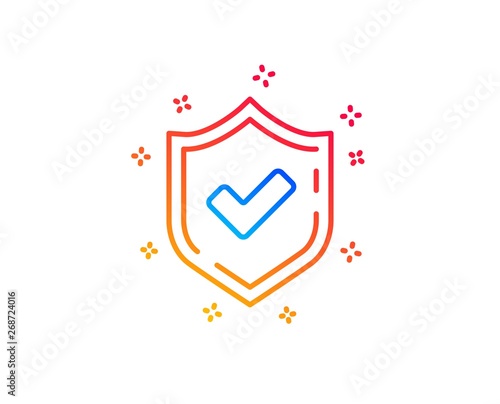 Check mark line icon. Accepted or Approve sign. Tick shield symbol. Gradient design elements. Linear confirmed icon. Random shapes. Vector