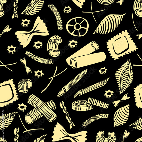 seamless pattern with italian macaroni of different kinds. light yellow coloured hand draw on black background