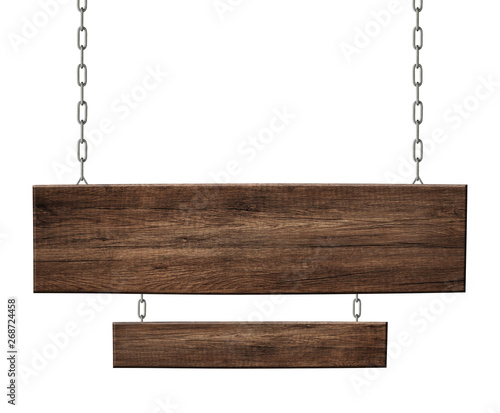Oblong wooden double sign made of dark wood hanging on chains