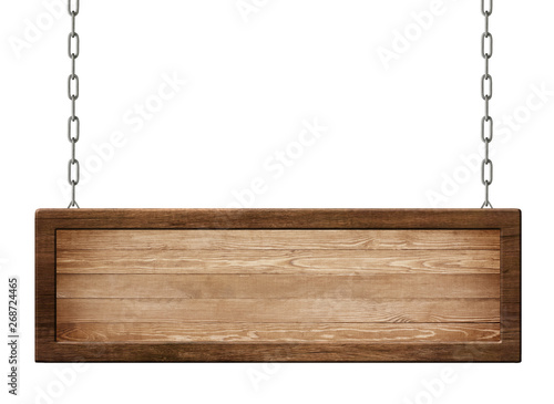 Oblong wooden board with dark frame made of natural wood hanging on chains