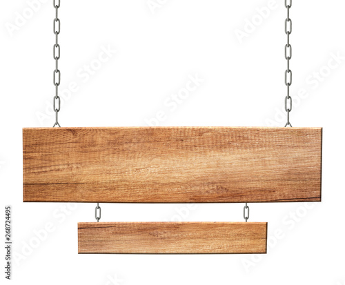 Oblong wooden double sign made of natural wood hanging on chains