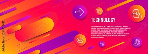 Header banner. 24h service, Next and Mail letter icons simple set. Manual doc, Messenger mail and Chemistry lab signs. Call support, Forward. Technology set. Line 24h service icon. Gradient elements