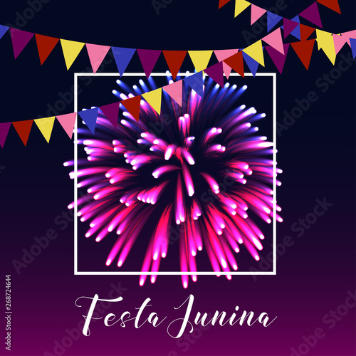 Festa junina poster with bright fireworks, flags, frame and text on dark purple background.