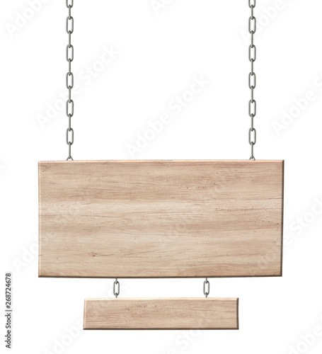 Wooden double sign made of light wood hanging on chains