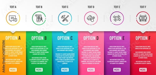 Divider document, Customer satisfaction and Hammer tool icons simple set. Timer, Comment and Partnership signs. Report file, Happy smile. Technology set. Infographic template. 6 steps timeline