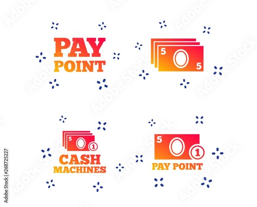 Cash and coin icons. Cash machines or ATM signs. Pay point or Withdrawal symbols. Random dynamic shapes. Gradient cash icon. Vector