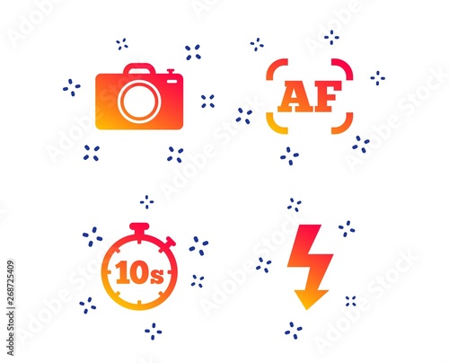 Photo camera icon. Flash light and autofocus AF symbols. Stopwatch timer 10 seconds sign. Random dynamic shapes. Gradient photo icon. Vector