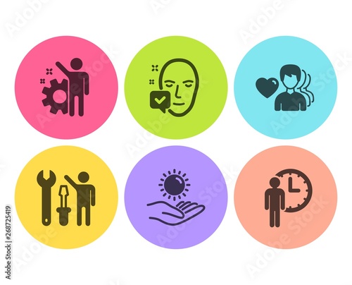 Man love, Face accepted and Employee icons simple set. Repairman, Sun protection and Waiting signs. Romantic people, Access granted. People set. Flat man love icon. Circle button. Vector