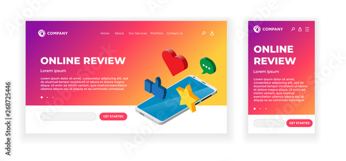 Landing web page concept design template. Online review theme. Smartphone device with feedback rating signs - thumb up, heart, message, star. Mobile app, UI, UX, site. Vector illustration