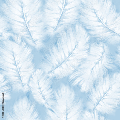 Fototapeta Naklejka Na Ścianę i Meble -  Watercolor fashion seamless pattern with white feathers on light blue background. Vintage print