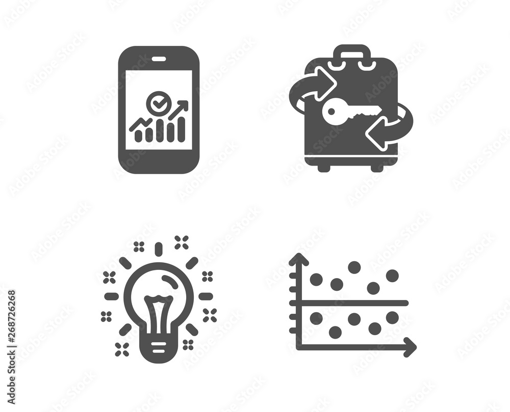Set of Smartphone statistics, Luggage and Idea icons. Dot plot sign. Mobile business, Baggage locker, Creativity. Presentation graph. Classic design smartphone statistics icon. Flat design. Vector Set of Smartphone statistics, Luggage and Idea icons. Dot plot sign. Mobile business, Baggage locker, Creativity. Presentation graph. Classic design smartphone statistics icon. Flat design. Vector