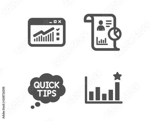 Set of Report, Web traffic and Quick tips icons. Efficacy sign. Work statistics, Website window, Helpful tricks. Business chart. Classic design report icon. Flat design. Vector