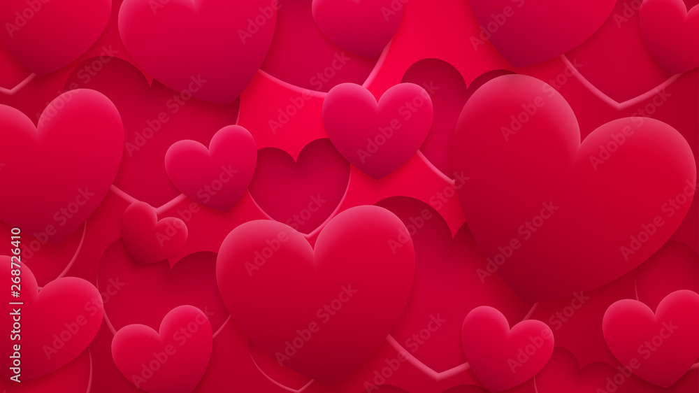 Abstract background of holes and hearts with shadows in red colors