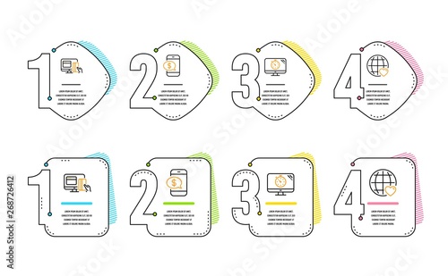 Online payment, Phone payment and Seo timer icons simple set. International love sign. Money, Mobile pay, Analytics. Internet dating. Technology set. Infographic timeline. Line online payment icon