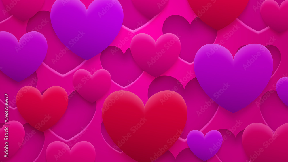 Abstract background of holes and hearts with shadows in red, pink and purple colors