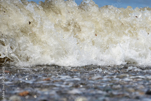 Closeup of a small wave breaking on a beach. Some debris visible. Low angle view from front level with the ground looking directly at the wave.