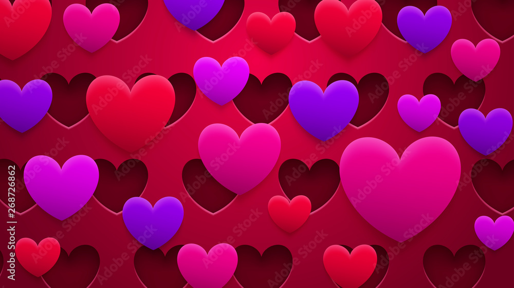 Abstract background of holes and hearts with shadows in red, pink and purple colors