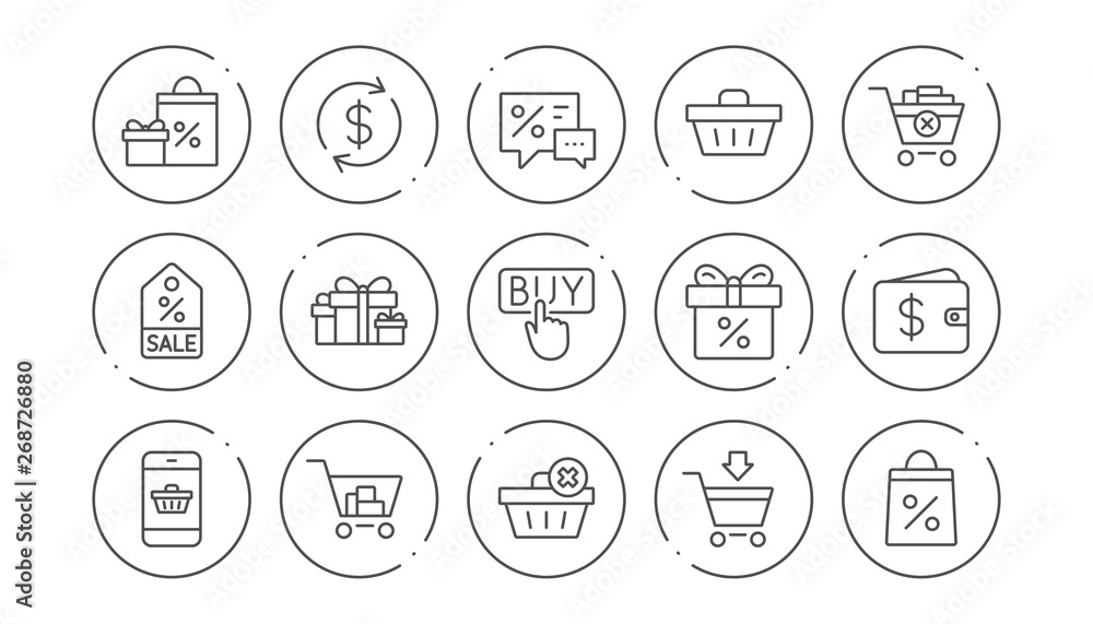 Shopping line icons. Gift, Percent sign and Sale discount. Delivery linear icon set. Line buttons with icon. Editable stroke. Vector