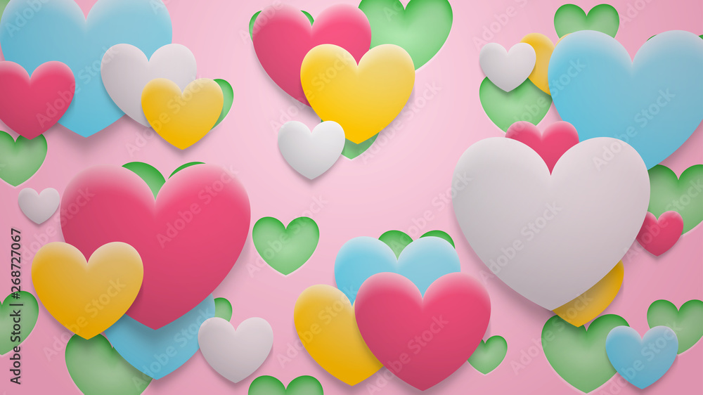 Abstract background of holes and multicolor hearts with shadows