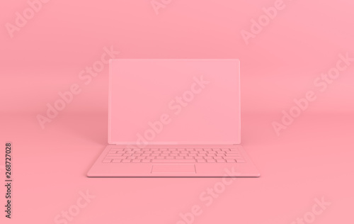 Laptop mockup background in modern minimal style. Notebook 3d render in pink color. Technology gadget concept
