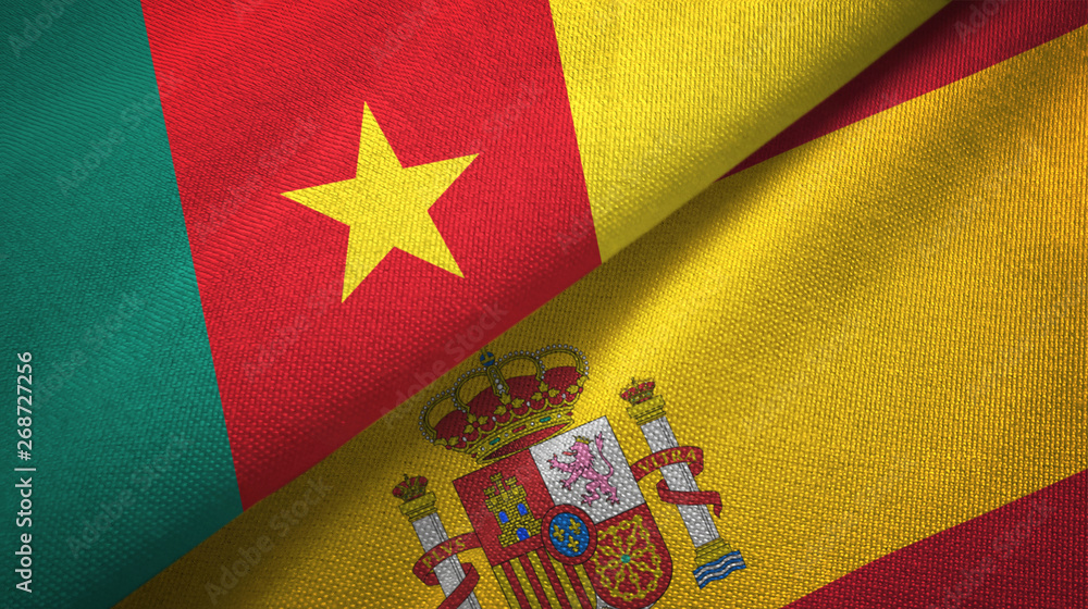 Cameroon and Spain two flags textile cloth, fabric texture Cameroon and Spain two flags textile cloth, fabric texture