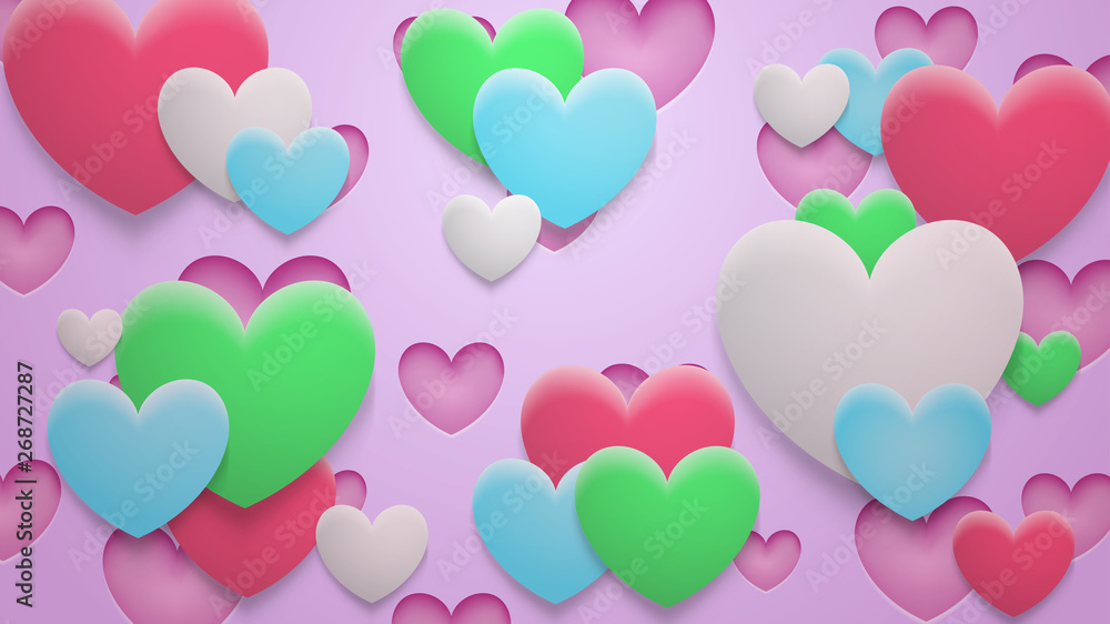 Abstract background of holes and multicolor hearts with shadows