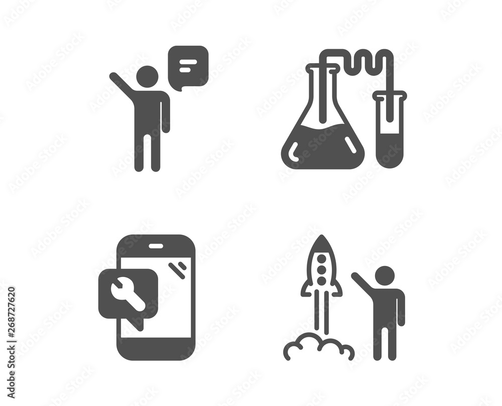 Set of Chemistry lab, Phone repair and Agent icons. Launch project sign. Medical laboratory, Spanner service, Business person. Business innovation. Classic design chemistry lab icon. Flat design Set of Chemistry lab, Phone repair and Agent icons. Launch project sign. Medical laboratory, Spanner service, Business person. Business innovation. Classic design chemistry lab icon. Flat design