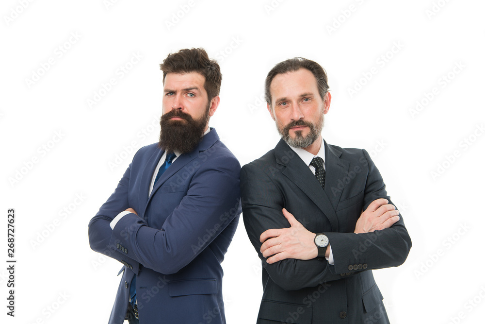 partnership of boss men isolated on white. mature men boss have own business. business meeting. team success. collaboration and teamwork. bearded businessmen in formal suit. boss and employee partnership of boss men isolated on white. mature men boss have own business. business meeting. team success. collaboration and teamwork. bearded businessmen in formal suit. boss and employee