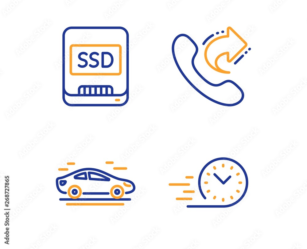 Share call, Car and Ssd icons simple set. Fast delivery sign. Phone support, Transport, Memory disk. Stopwatch. Technology set. Linear share call icon. Colorful design set. Vector Share call, Car and Ssd icons simple set. Fast delivery sign. Phone support, Transport, Memory disk. Stopwatch. Technology set. Linear share call icon. Colorful design set. Vector