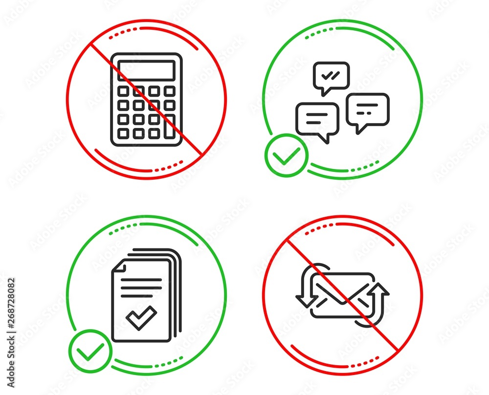 Do or Stop. Calculator, Handout and Chat messages icons simple set. Refresh mail sign. Accounting device, Documents example, Communication. New e-mail. Technology set. Line calculator do icon. Vector Do or Stop. Calculator, Handout and Chat messages icons simple set. Refresh mail sign. Accounting device, Documents example, Communication. New e-mail. Technology set. Line calculator do icon. Vector