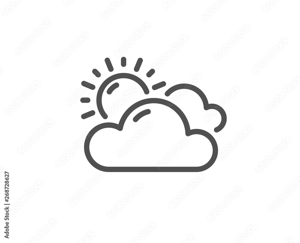 Sunny weather forecast line icon. Clouds with sun sign. Cloudy sky symbol. Quality design element. Linear style sunny weather icon. Editable stroke. Vector Sunny weather forecast line icon. Clouds with sun sign. Cloudy sky symbol. Quality design element. Linear style sunny weather icon. Editable stroke. Vector