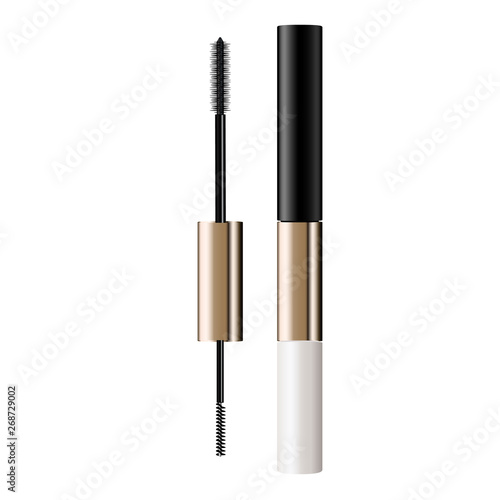 A mascara tube and   wand applicator. Cosmetic bottle with eyelash brush. Isolated on white background. Grunge swatch, black wavy brush stroke hand drawn. 3d realistic