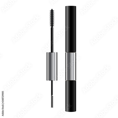 A mascara tube and   wand applicator. Cosmetic bottle with eyelash brush. Isolated on white background. Grunge swatch, black wavy brush stroke hand drawn. 3d realistic