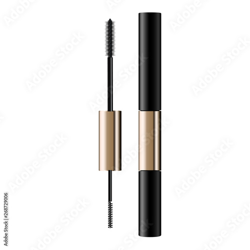 A mascara tube and   wand applicator. Cosmetic bottle with eyelash brush. Isolated on white background. Grunge swatch, black wavy brush stroke hand drawn. 3d realistic