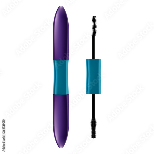 A mascara tube and a wand applicator. Cosmetic  bottle with eyelash brush. Isolated on white background. Good for booklets, brochures, leaflets or banner. 3d realistic