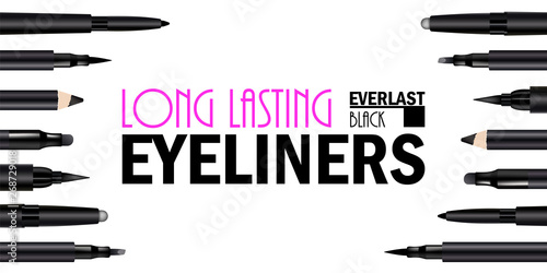 Beautiful Eyeliner Pen Set Poster for the promotion of cosmetic premium product. Cosmetic ads banner for packaging  with graphic elements. Design of New Product.